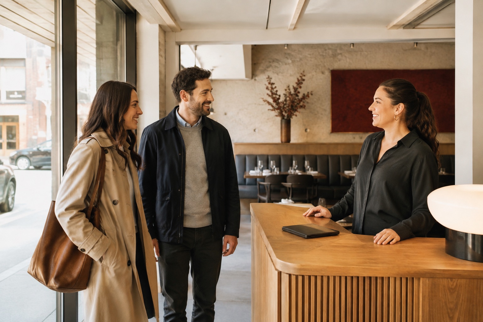 Visuel d’ambiance : un couple est accueilli au comptoir d’un restaurant.